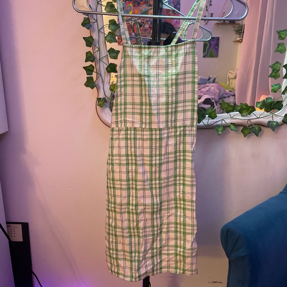 Girls Sage Green Grid Dress